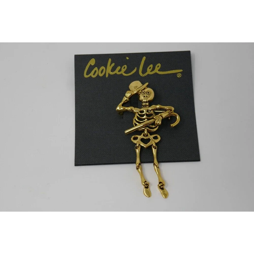Cookie Lee Halloween Punk Goth Articulated Dangling Gold Skeleton Brooch Pin NWT